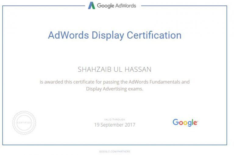 Google AdWords Display Certification awarded to Shahzaib Ul Hassan