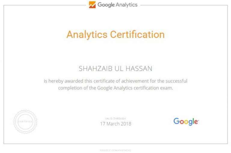 Google Analytics Certification awarded to Shahzaib Ul Hassan