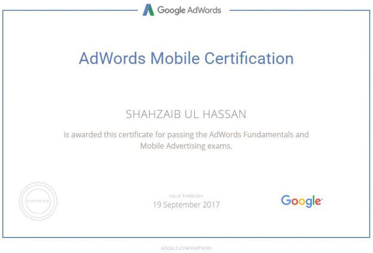 Google AdWords Mobile Certification awarded to Shahzaib Ul Hassan