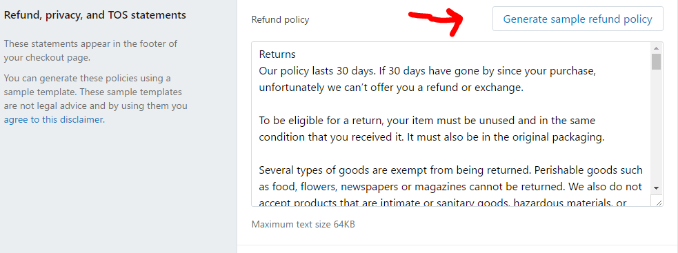 Generate Refund policy on shopify