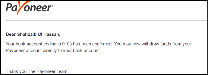 Bank attachment with payoneer confirmation