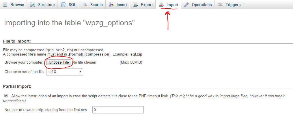 Import database in PhpAdmin