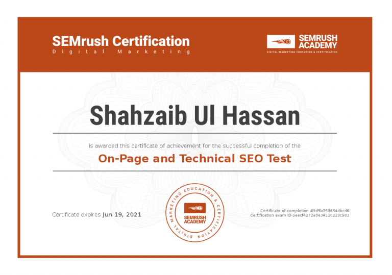 On-page and technical SEO certificate earned by Shahzaib Ul Hassan