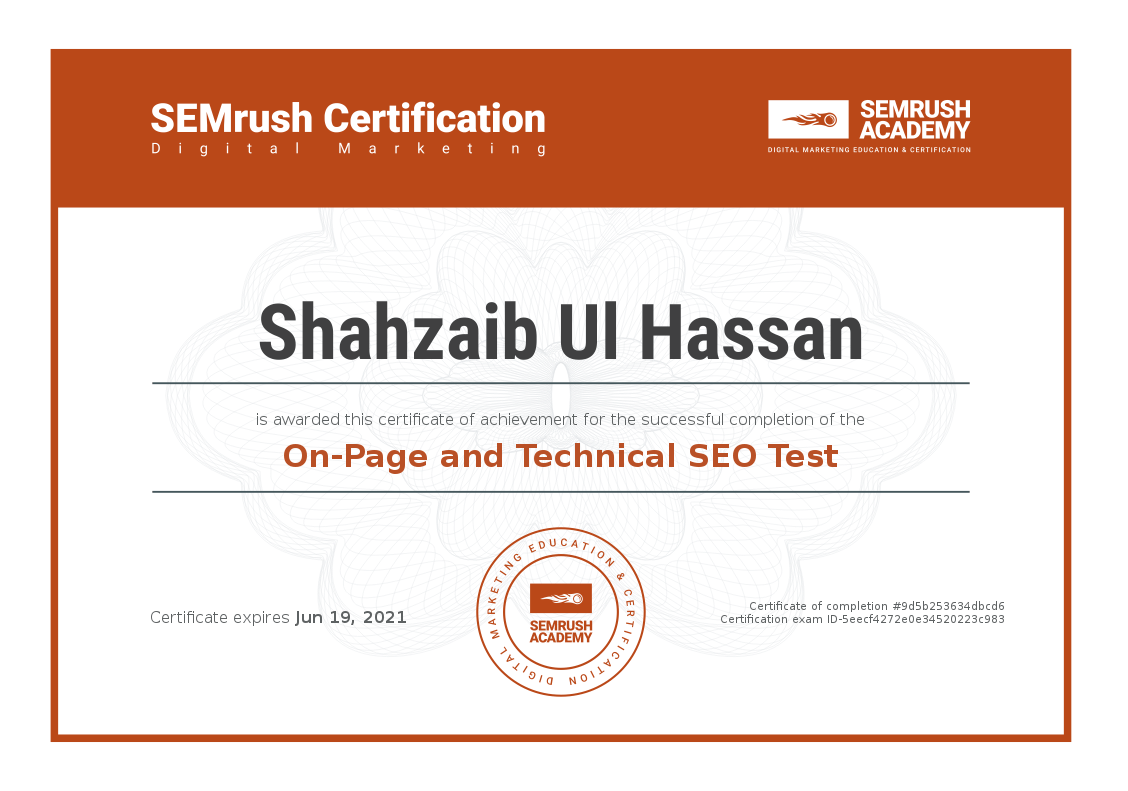 Certificate on page and technical seo test shazzseo 2025