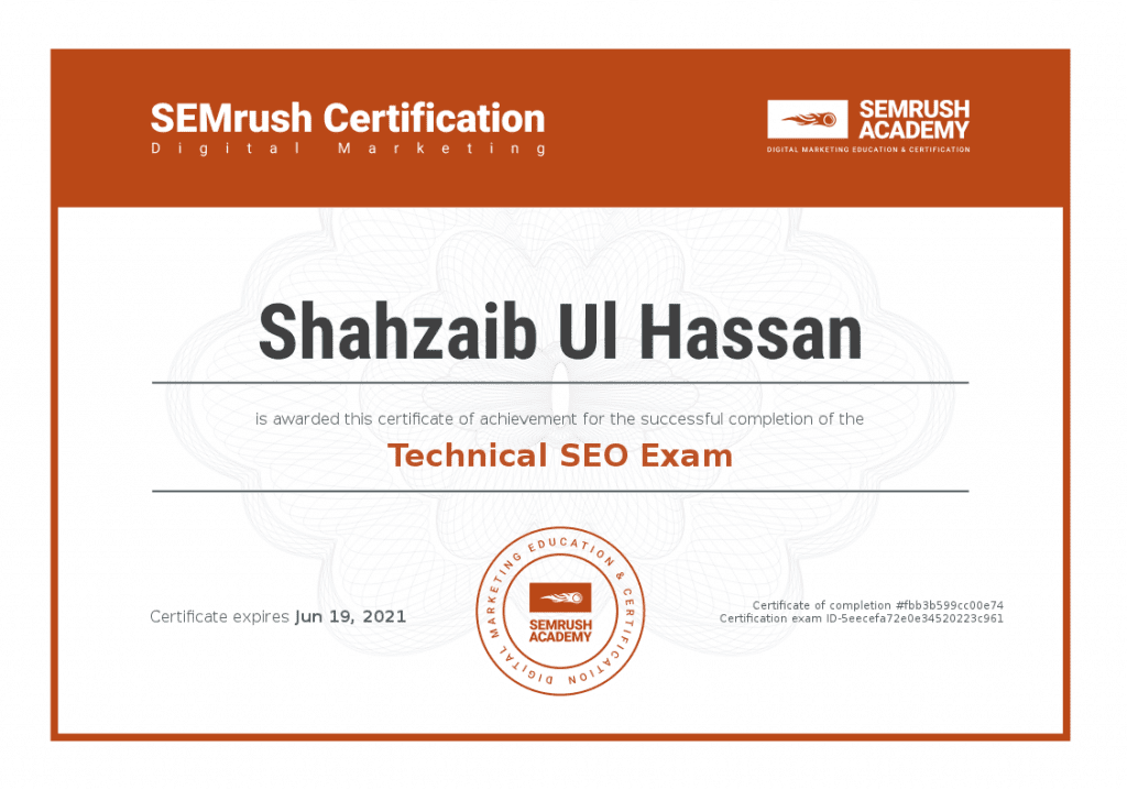 Technical SEO examination certificate earned by Shahzaib Ul Hassan