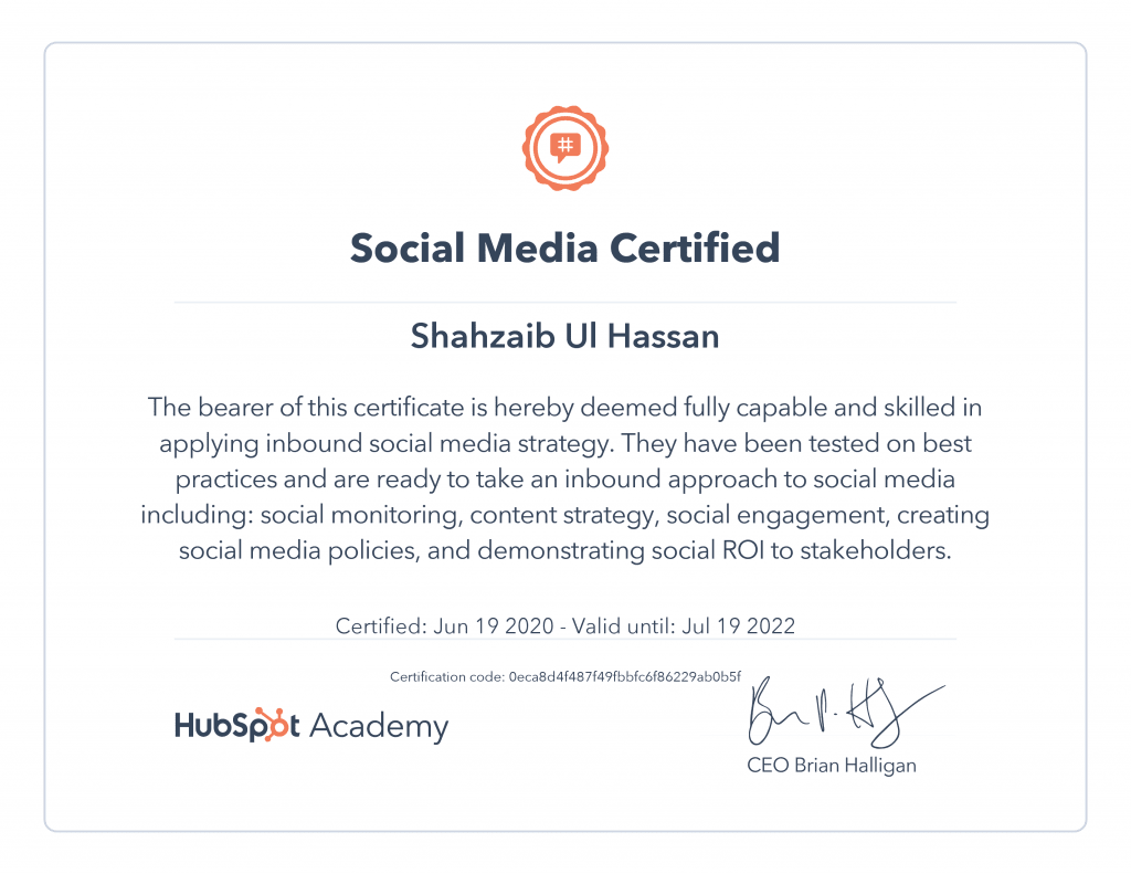 Social media strategy certification earned by Shahzaib Ul Hassan