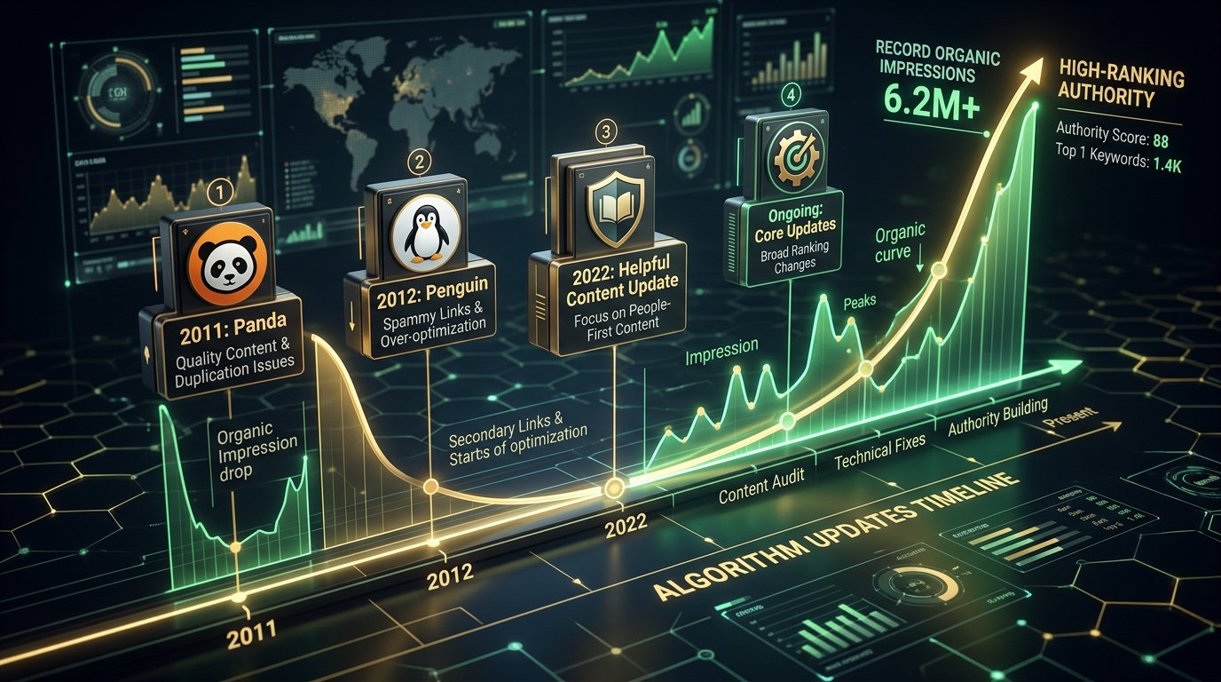 History of Google algorithm updates timeline and organic recovery curve