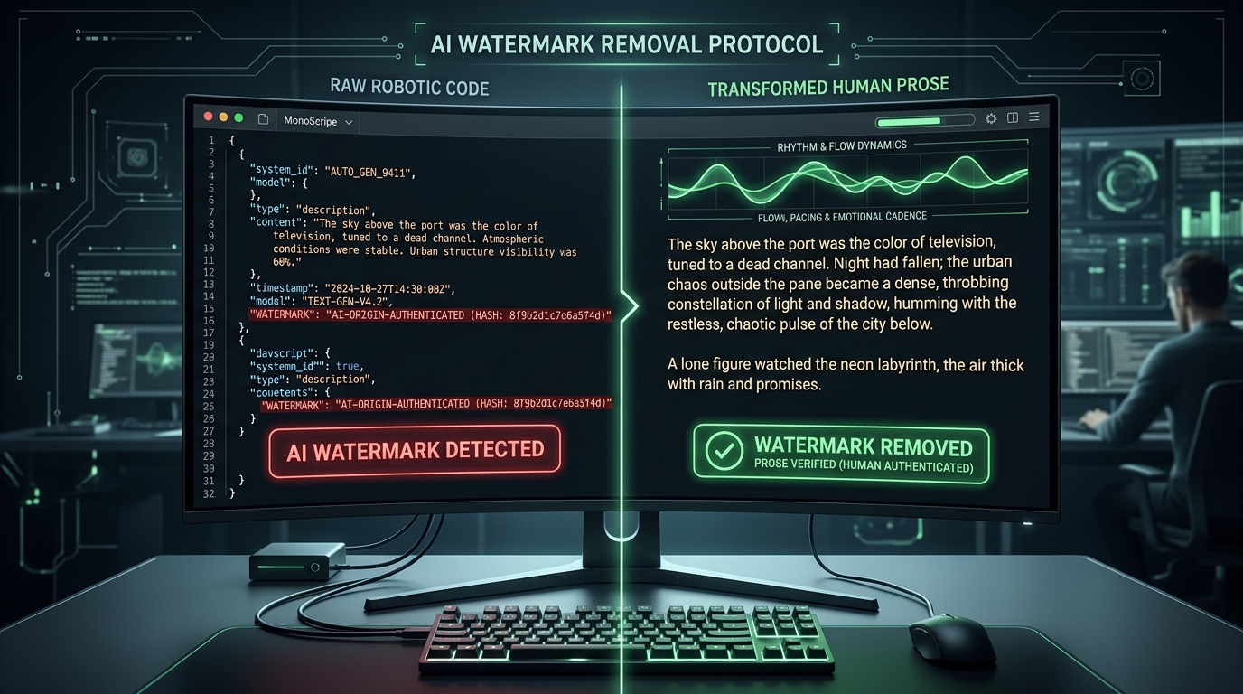 AI watermark removal and text humanization protocol