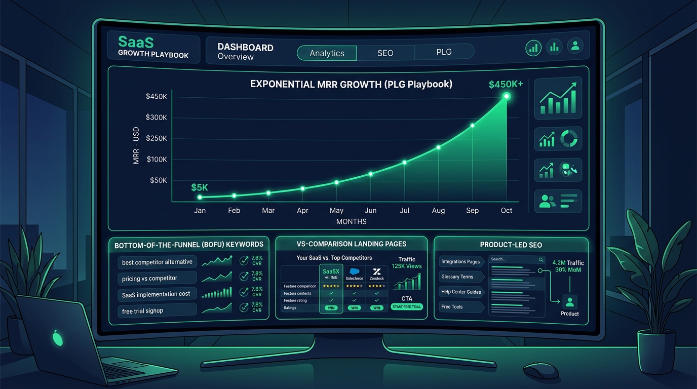 B2B SaaS SEO growth playbook MRR growth curve and BOFU comparison pages
