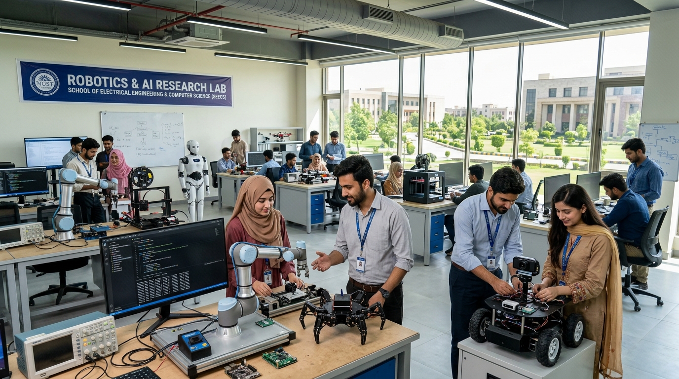Top engineering universities in Pakistan students in robotics lab