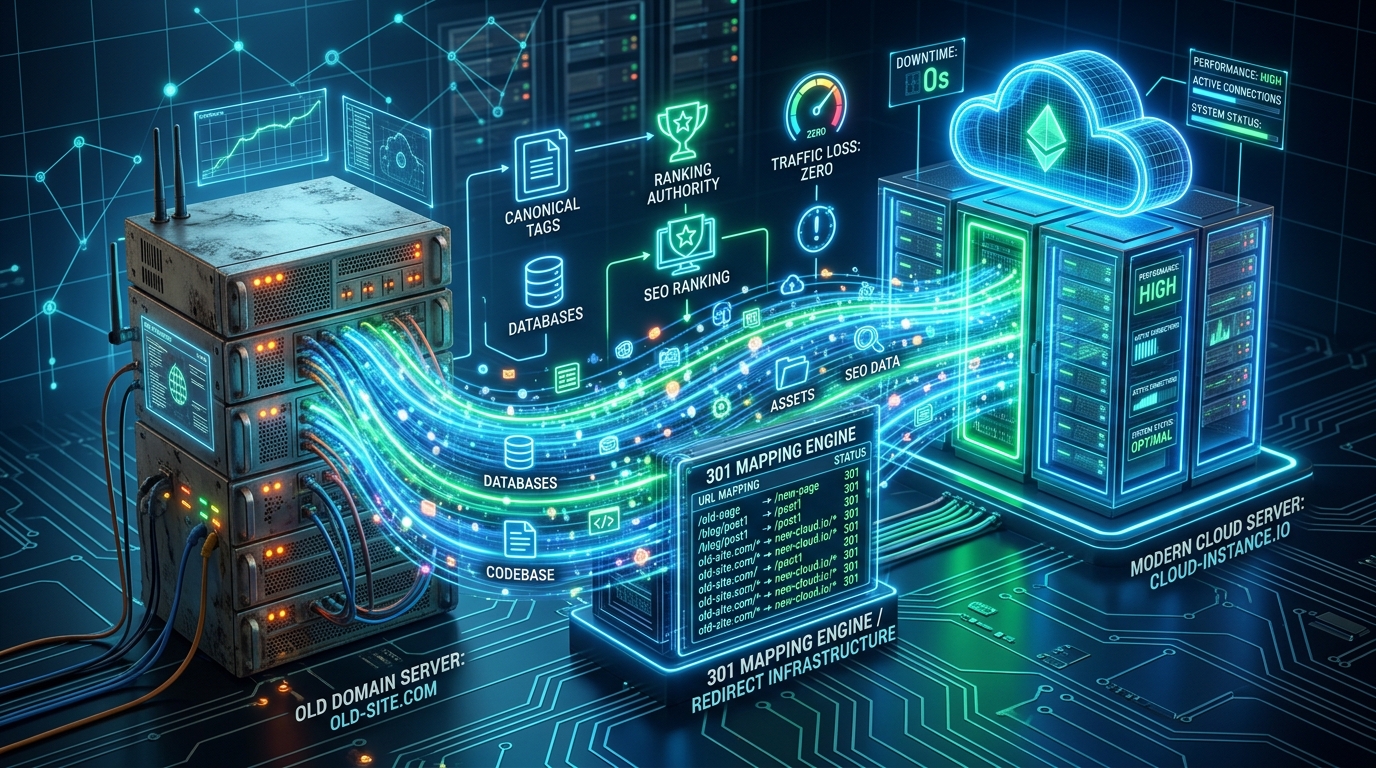 Website migration 301 redirect mapping and server transfer without traffic loss