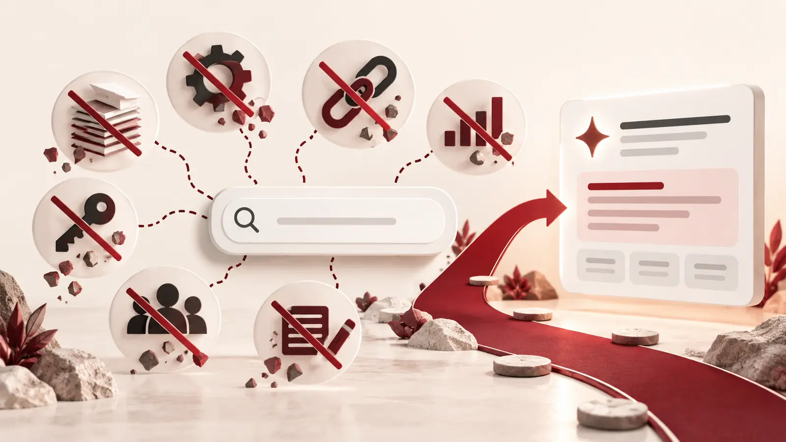 Editorial illustration about separating Google AI search myths from useful optimization