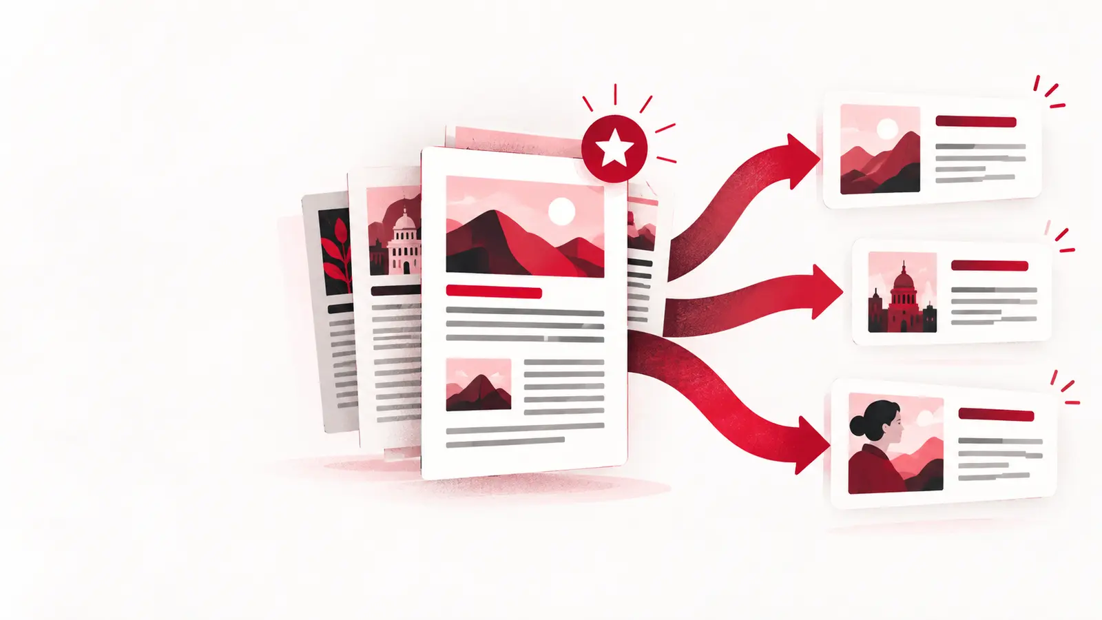 Editorial illustration showing trusted publisher articles being highlighted across search experiences