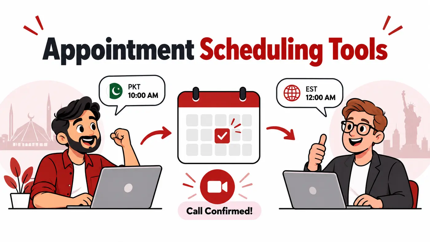 Top 10 Appointment-Scheduling Tools for International Clients 2 2026 Cartoon scheduling illustration showing a Pakistani freelancer and international client coordinating time zones