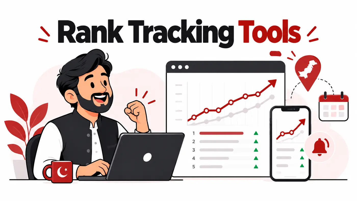 Top 10 Rank-Tracking Tools for Pakistani SEO Professionals 2 2026 Cartoon illustration of rank tracking tools for Pakistani SEO professionals