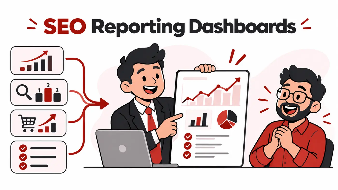 Top 10 SEO Reporting Dashboard Tools for Client Reports 2 2026 Cartoon illustration of an SEO reporting dashboard explained clearly to a client