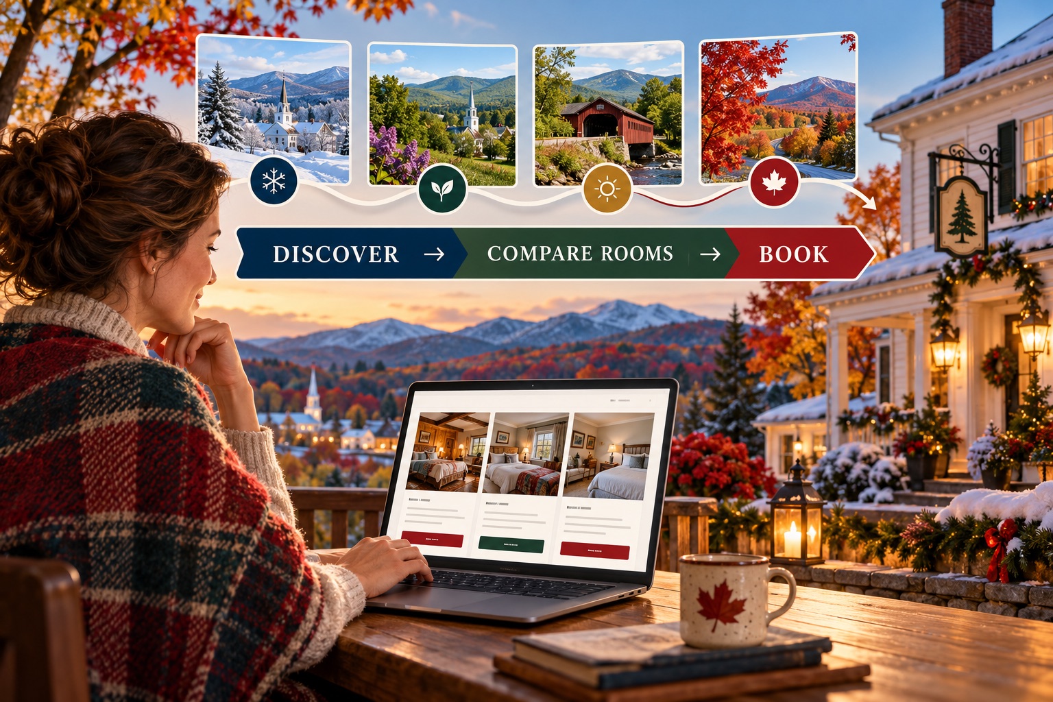 Vermont innkeeper comparing seasonal room pages before a direct booking