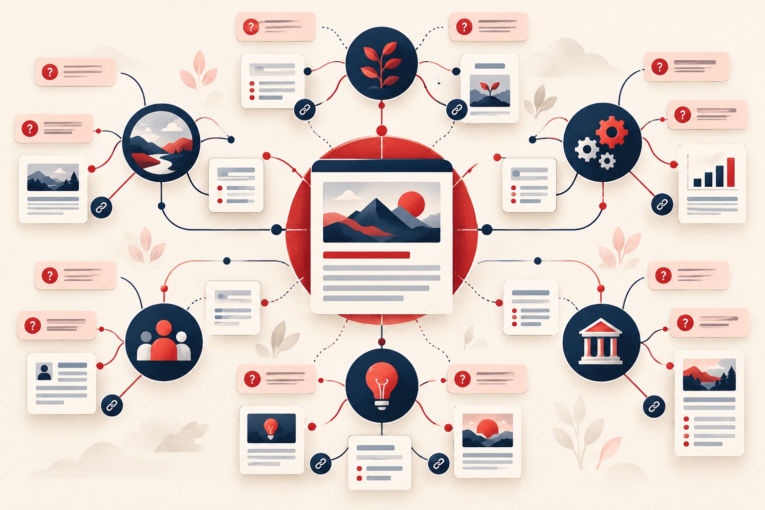 A connected service architecture groups specific platform, business and search needs under clear parent services.